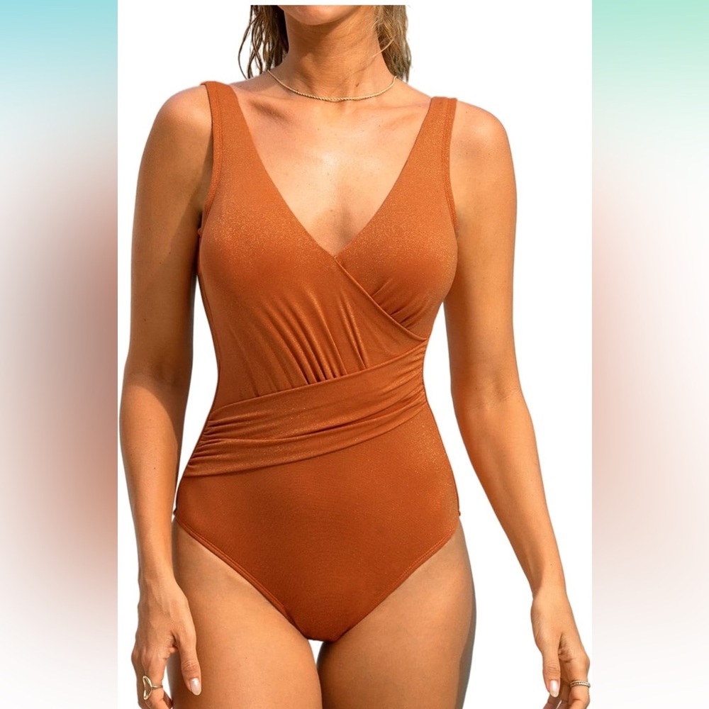V Neck Wide Straps Low-Cut Back Shirred Lurex Texture Swimsuit